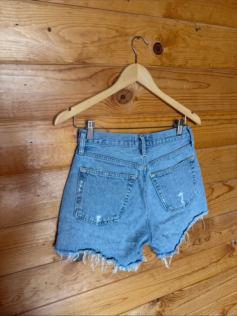 AGOLDE Parker long Light Blue Distressed High-Rise Denim Shorts swap meet in 25